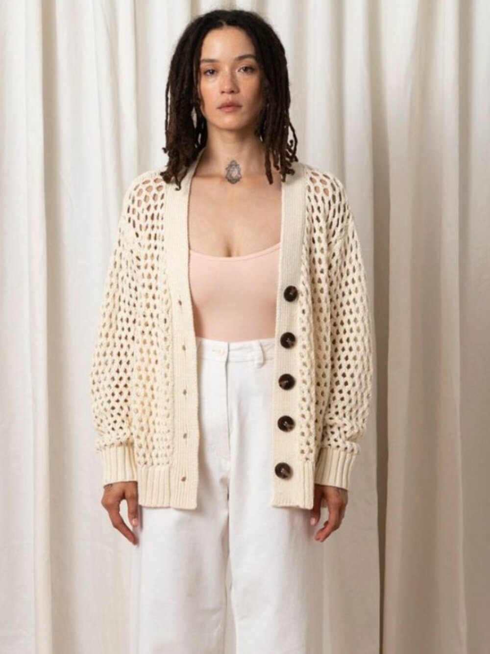 Ali Golden Open Knit Cardigan in Cream
